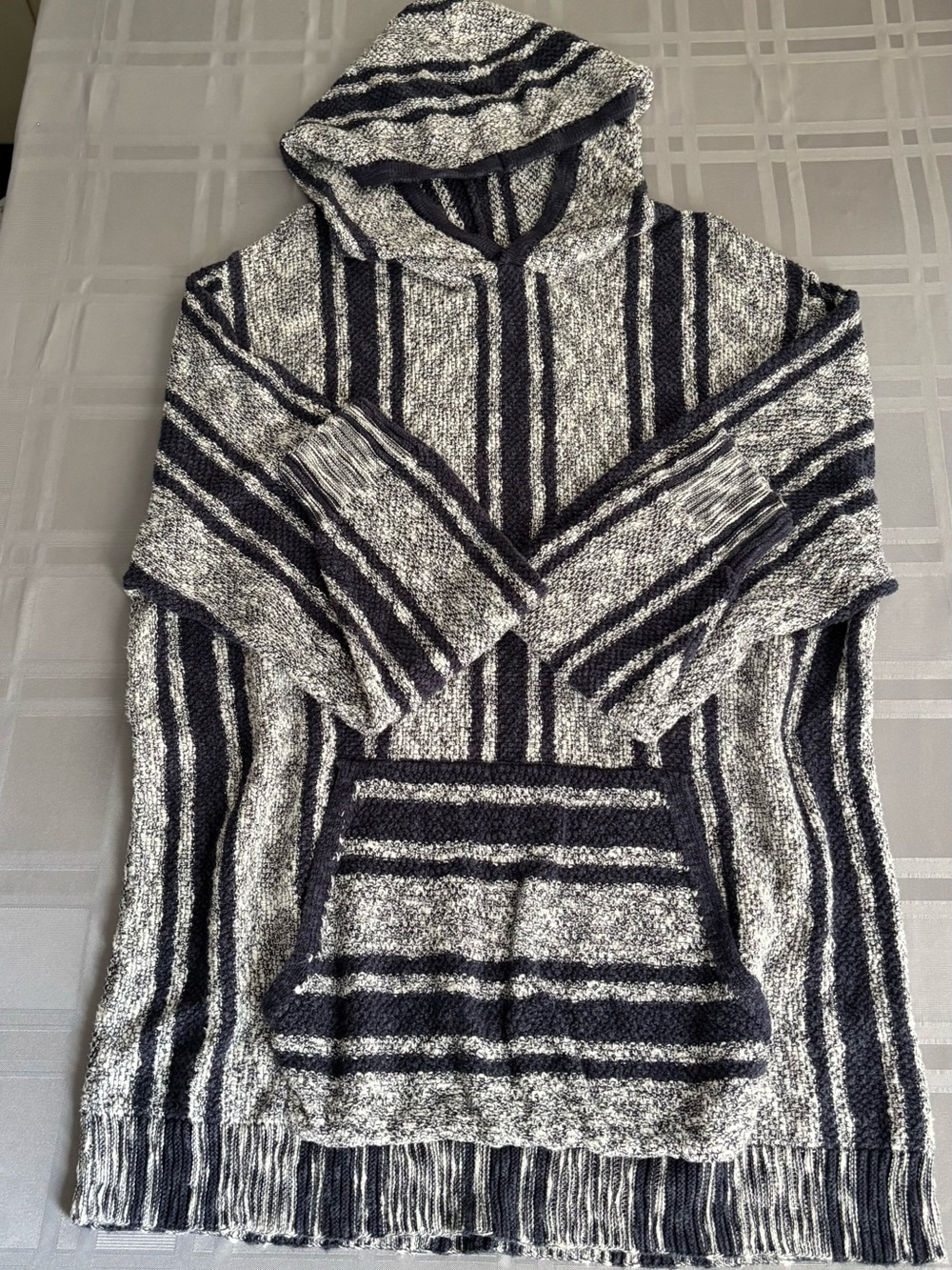 Lucky Brand Navy & Gray Striped Hooded Poncho Sweater